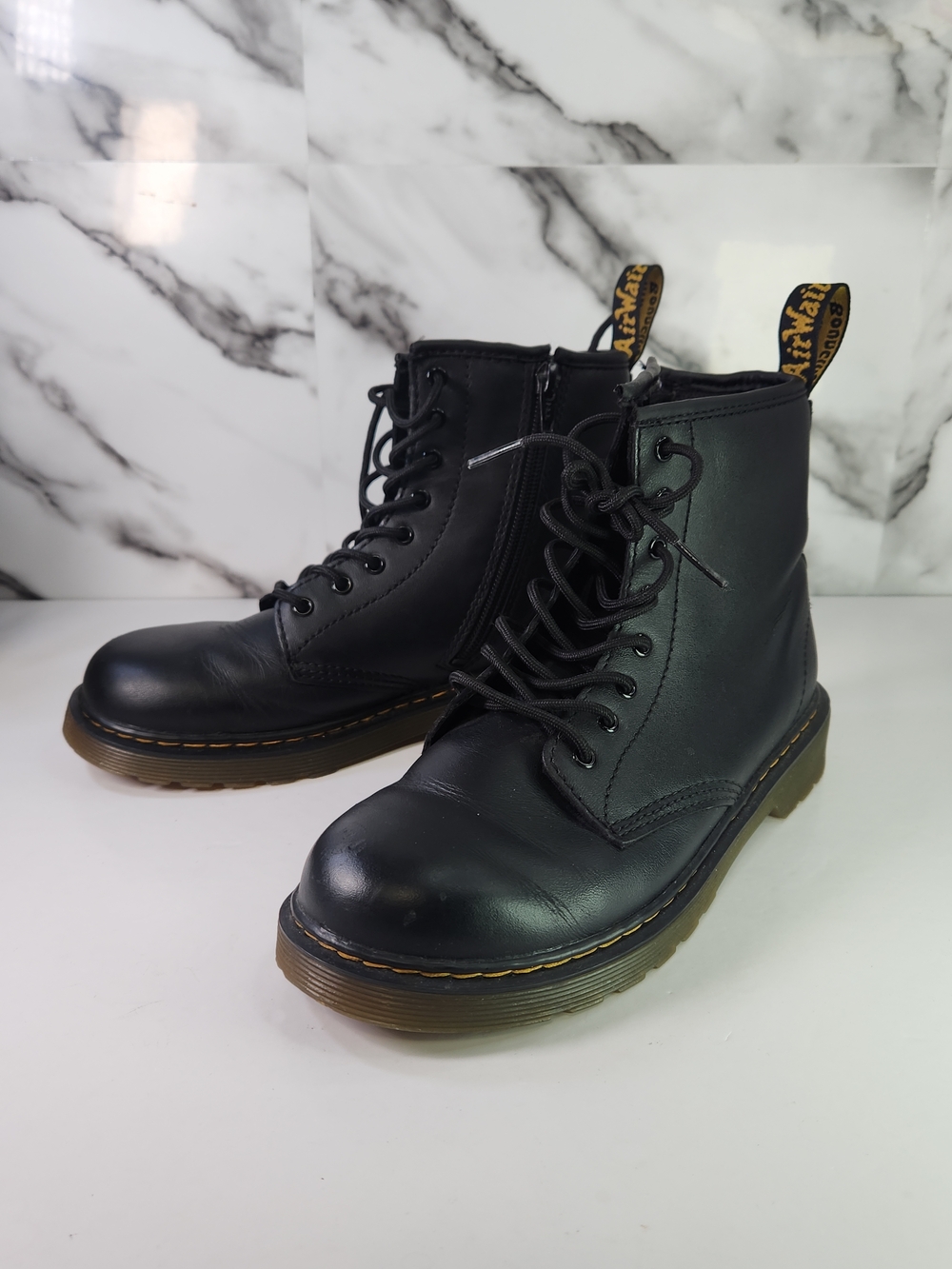 Dr. Martens Boots. Black Leather Lace-Up, Zipup Combat Boots Junior Size.